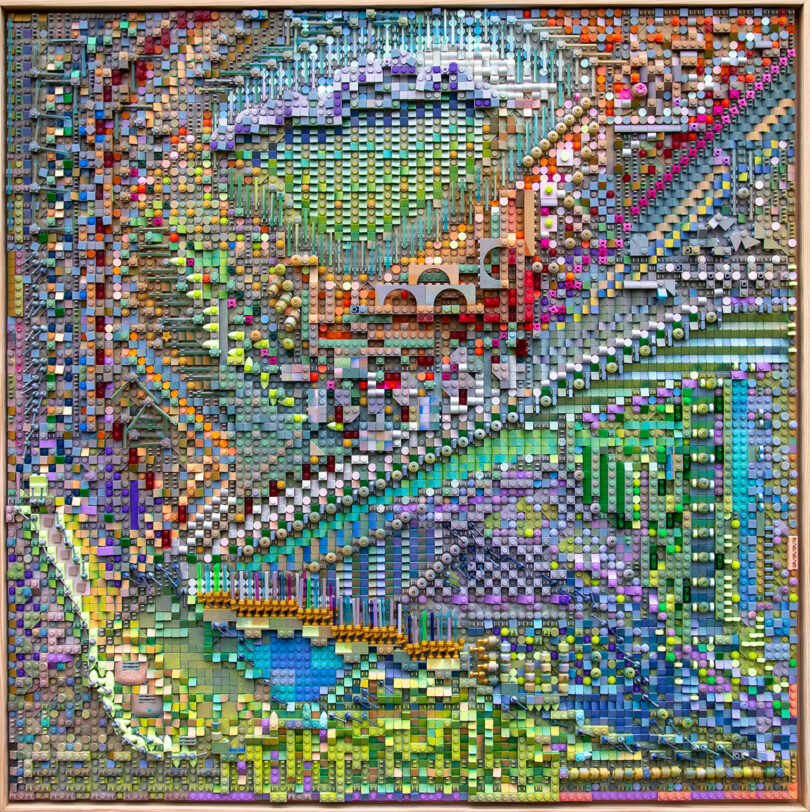 A colorful, intricate mosaic by Katherine Duclos, composed of small, raised geometric shapes arranged in various patterns and gradients, forming an abstract, textured artwork.