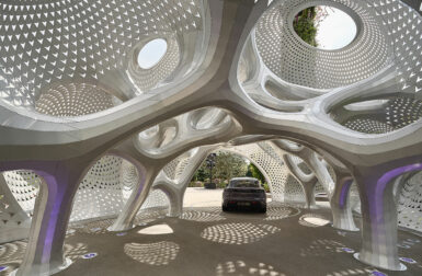 A Geometric Pavilion for Porsche Made of 6,380 Aluminum Strips