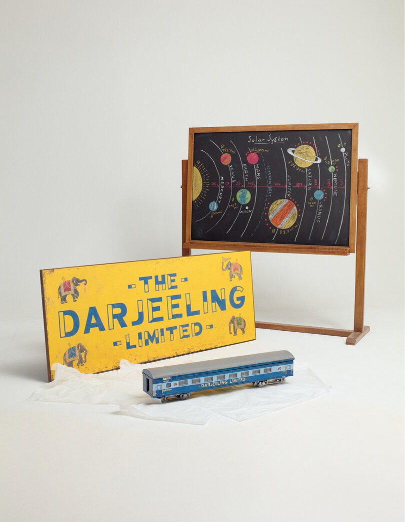 A model train, a yellow "The Darjeeling Limited" sign, and a blackboard with a solar system diagram are arranged on a white background.